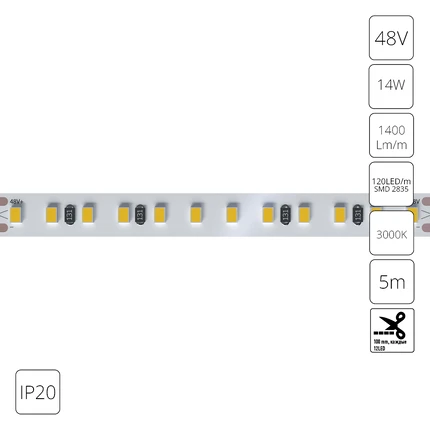 Светодиодная лента 48V 14,4W m 3000К 5м IP20 Arte Lamp TAPE A4812010-05-3K
